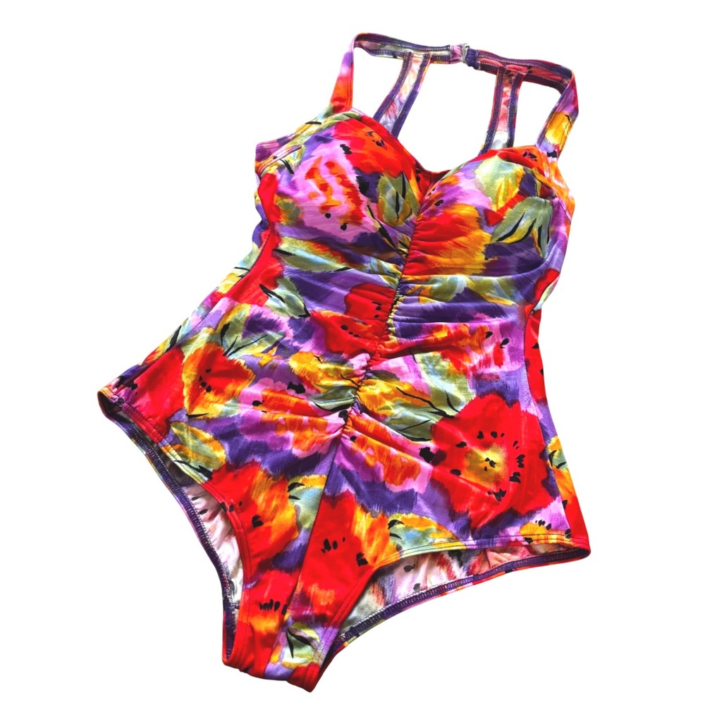 Vintage 80s BODY LD abstract neon floral one piece bathing swimsuit M